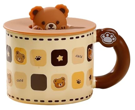 Tasse à Thé Kawaii De 400 Ml, Tasse à Café En Céramique Ours Mignon Avec Couvercle, Tasse D'eau En Forme D'animal De Dessin Animé Avec Poignée Confortable Pour Filles