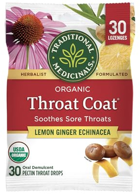 Traditional Medicinals Lozenges, Organic Throat Coat Lemon Ginger Echinacea, Sore Throat Support, 30 Individually Wrapped Lozenges