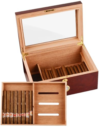 DECORN Zigarren-Humidor mit Großem Fassungsvermögen für 50–80 Zigarren – Handgefertigte Humidor-Zigarrenkiste aus Zedernholz mit Schloss, Tablett, Trennwänden, Hygrometer, Gehärteter Glasplatte