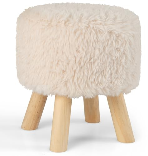 RELAX4LIFE Fell Hocker, Gepolsterter Fußhocker mit 4 Massivholzbeinen, Ottomane Flauschig, Runder Sitzhocker für Wohnzimmer Schlafzimmer Eingangsbereich, Pouf Hocker 34,5 x 34,5 x 35,5 cm