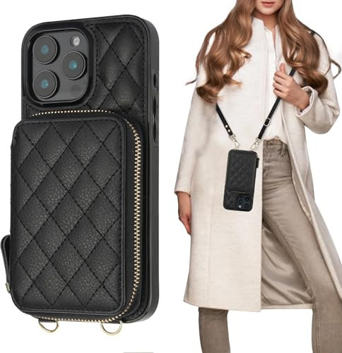 Bocasal Crossbody Wallet Case for iPhone 16 Pro Max, RFID Blocking PU Leather Zipper Handbag Purse Flip Cover, Kickstand Folio Case with Card Slots Holder Wrist Strap Lanyard 5G 6.9 Inch (Black)