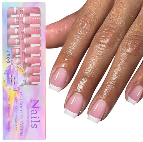 GZMAYUEN French Tip Press on Nails - 15 Stück 150Pcs Rosa Coffin Full Cover Nails zum Aufkleben 3 in 1 Soft Gel Künstliche Nägel DIY Nagelverlängerungen
