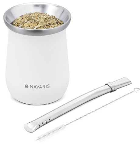Navaris Yerba Mate Tasse, doppelwandiges Edelstahl-Teeservice mit Kürbisbecher, Becher und Bombilla-Strohhalm und Bürste für Mate-Getränke, 300 ml, Weiß