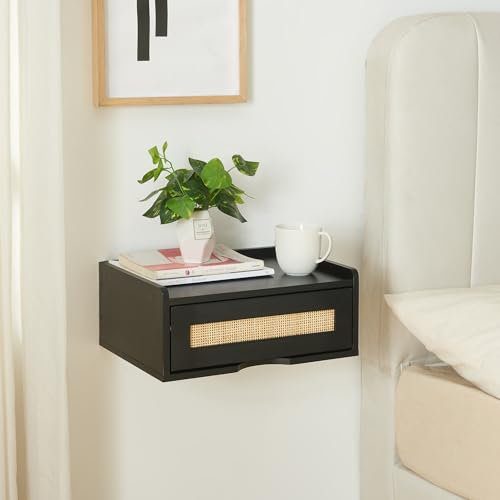 [en.casa] Wandregal Ljuredsø mit Schublade Nachttisch Hängend Schwebendes Regal Wandmontage 40x30x16,5 cm Schwarz