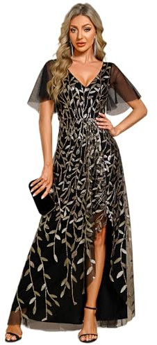 Ever-Pretty Women's Maxi Evening Dresses Sequin Embroidered Double V Prom Dress with Ruffles Sleeve Bridesmaid High-Low Dress Black Gold 18UK