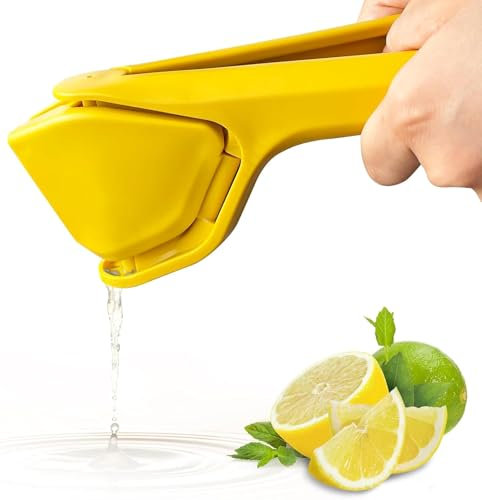 Manual Max Juice Extraction Lemon Juicer, Easy-to-Use Flat Lemon Lime Squeezer with Leverage for Effortless Juicing, Built-in Strainer, Yellow