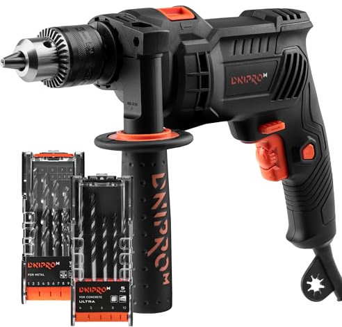Dnipro-M Taladro Percutor con Cable HD-8 800W 2800rpm - Martillo Perforador, Profesional Hammer Drill Taladro Eléctrico con Juego de Brocas para Metal HSS 1-10 mm 13pcs y Brocas Hormigón 4-10mm 10pcs