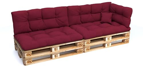 POKAR Set de 6 Coussins Matelassé pour Palettes Euro: 2X Assise 120x80cm + 2X Dossier 120x40cm + 1x Dossier 60x40cm + 1x Coussin 40x40cm, Canapé de Jardin, sans Palette, Rouge Foncé