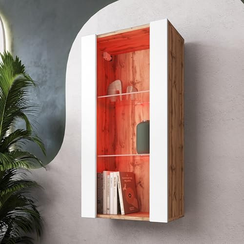Komodee, Hängende Vitrine Schrank Tivoli, Weiß/Wotan, Breite 50cm x Höhe 100cm 50cm x Tiefe 29cm, LED RGB, 2 Regalböden, für Wohnzimmer, Schlafzimmer, Eingang