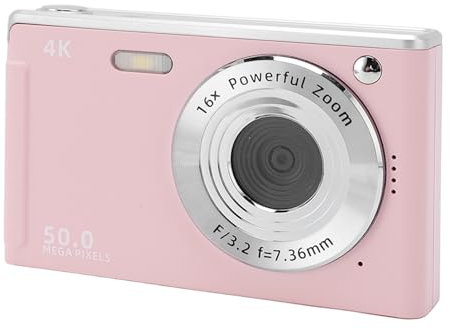 Fotocamera Digitale per Fotografia, Fotocamera da Vlogging da 50 MP, Zoom Digitale AutoFocus 16x, Punta e Fotocamera Digitale, per Adolescenti per Adulti Principianti (Roseo)