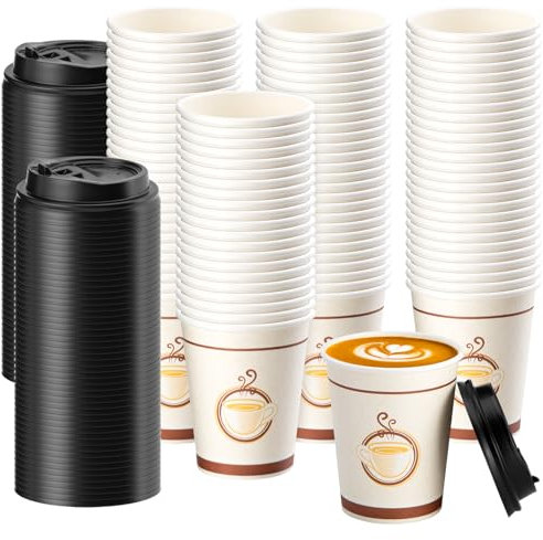 NONMON Paper Cups 8oz x 100 Pack, Takeaway Cofffee Cups Disposable Coffee Cups with Lids Insulated Ideal for Cold Drinks and Hot Drinks Coffee Tea Home Party, White
