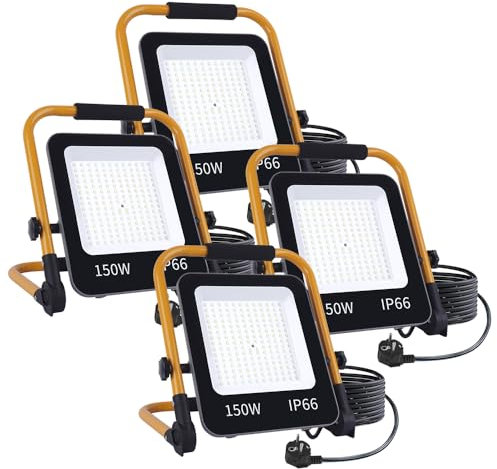 Fosingut Foco de Trabajo LED 150W,15000LM Portátil Luz de Construcción con Enchufe EU/Soporte Plegable/Cable de 2M/6500K,Impermeable Foco Proyector LED Exterior para Obra,Taller,Emergency,Garaje-4pcs