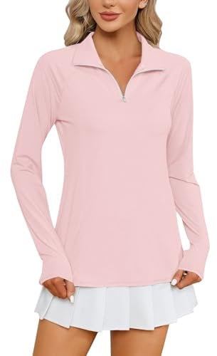 Women's Long Sleeve Gym Tops Loose Fit UPF 50+ Running Top Solid Color 1/4 Zip Sports Workout T-Shirts Sun Protection Quick Dry Outdoor Shirts for Cycling Golf Fitness
