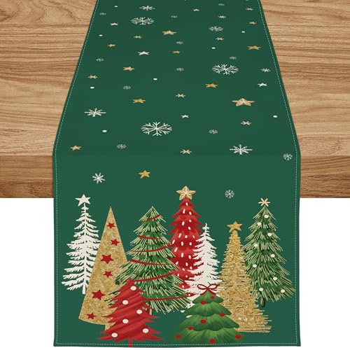 ZWJD Tischläufer Weihnachten 40x140 cm Tischläufer Grün Modern Weihnachtstischläufer Weihnachtsbäumen Schneeflocken Festliche Weihnachtsdeko Tisch für Winter, Feiertage, Esszimmer &Wohnzimmer