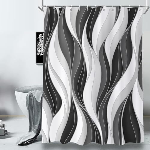 GCIREC Duschvorhang, 180x220cm, Moderne Abstrakte Weiß Schwarz Grau Ombre Gestreift Minimalistische Kunst Wasserdicht Stoff Badezimmer Vorhang Maschinenwaschbar mit Häkchen