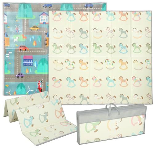 AIYAPLAY Double-Sided Foldable Baby Mat Reversible Floor Mat 200L x 180W cm | Water-Resistant Large Foam, Bedrooms, Nurseries, Traffic and Rocking Horse Theme