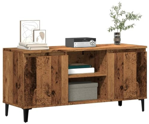 QZZCED TV-Schrank, Holztechnik, antikes Holz, industrieller TV-Schrank mit 4 Metallfüßen und 4 Regalen, stabiler Ständer zum Organisieren von Büchern und Geräten, 102 x