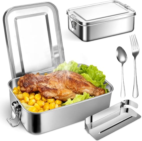 AMFUN Stainless Steel Lunch Box (1.2 Litre), Leakproof Metal Bento Box with Locking Clips and Removable Compartments, Sandwich Tin for Kids and Adults, Food Container for School, Work