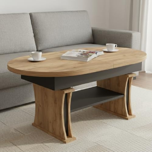 DA-130 Couchtisch oval Eiche Gold / Schwarz matt ausziehbar 130 bis 170 cm höhenverstellbar 60-75 cm Ablage modern ovaler Wohnzimmertisch Esstisch Beistelltisch Sofatisch platzsparend Wohnzimmer