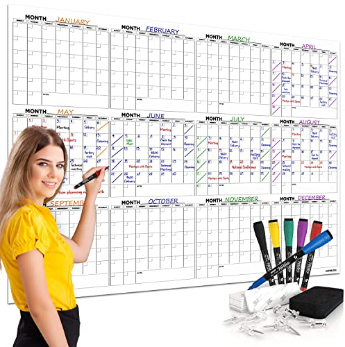 Großer, trocken abwischbarer Wandkalender für die Wand, 91,4 x 121,9 cm, Whiteboard-Kalender für 12 Monate, großer Wandkalender 2025, monatlicher Wandkalender mit 6 Markern, Radiergummis, Reißzwecken