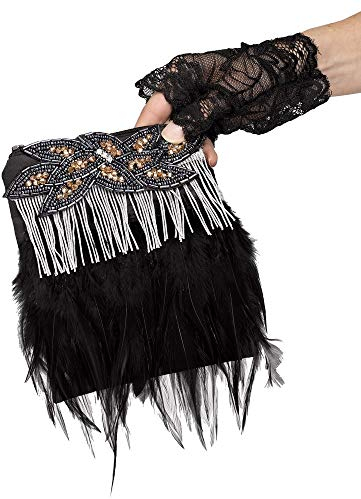 shoperama Charleston Flapper Handtasche Federn Fransen Perlen schwarz Kostüm-Zubehör 20er Jahre Damen-Tasche The Roaring Twenties 20's Gatsby Girl, Farbe:Silber