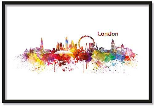 JUNIWORDS Poster mit/ohne Holzrahmen, Wähle ein Motiv, Aquarell Skyline London, Wähle eine Größe, 30 x 40 cm (M) mit Rahmen in Schwarz