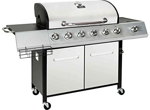 Charles Bentley 7 Burner Premium Gas BBQ Barbecue with Side Burner, Warming Rack, Double Layered Hood, Side Table, Thermometer, Utensil Hooks, Bottle Opener, And More In Silver (152.5x110cm)