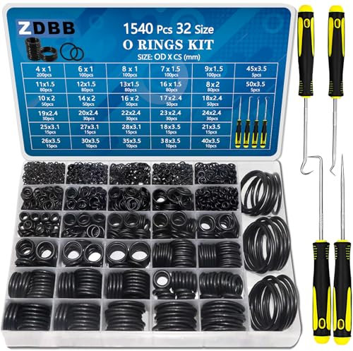 ZDBB 32 Tamaño 1540 Piezas O Anillos Surtido Kit Métrico Nitrilo Caucho O Anillo Set con 4 Pick para Automóvil Grifo Lavadora a Presión Fontanería Aire o Gas Reparación OD 4mm-50mm