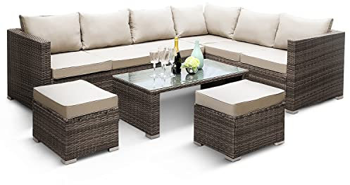 KEPLIN 9pc Corner Rattan Garden Furniture Set – Corner Garden Furniture Patio Set for Lawn, Patio, Inside Conservatory – Ideal for Dining in the Sun (Brown)