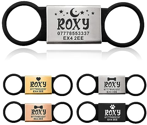 Dog Tags for Pets Engraved UK Slide on Dog Tag Personalised Silent Dog ID Tag Dangle-Free Slide on Collar Identity Tags Engraved UK Personalised ID Tags for Pets Kitty Cat Puppy (Silver Plate)