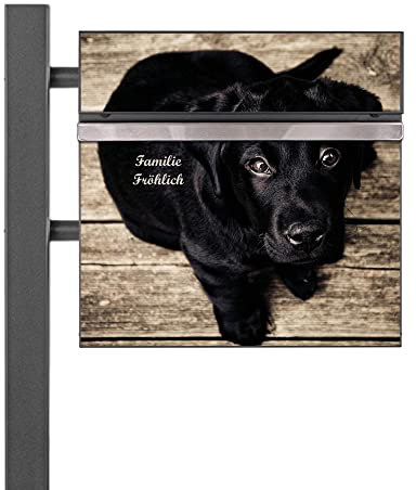 banjado® Standbriefkasten Anthrazit mit Namensschild Lieselotte & Zeitungsfach/Briefkasten mit Standfuß in Anthrazit/Postkasten A4 Einwurf inkl. Montagematerial & 2 Schlüsseln