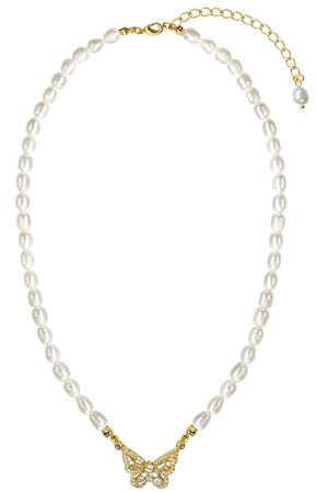 Ouran Perlenkette Damen mit Süßwasserperlen, vergoldet Schmetterling Anhänger – 6mm echte Süßwasserperlen, Perlen Choker Halskette für Hochzeit & Alltag Geschenk Schmuck für Frauen und Mädchen