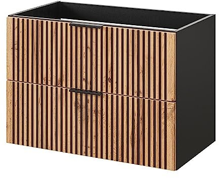 Lomadox Waschbeckenunterschrank 80 cm Unterschrank Waschtischunterschrank Badschrank Schubladen anthrazit mit Eiche Nb. Schwarze Rillen 80x57x46 cm