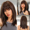 WOKESTAR Lange Gerade Perücken für Frauen mit Fransen, Layered Synthetic Dunkelbraun mit Highlights Farbe Perücken für Frauen