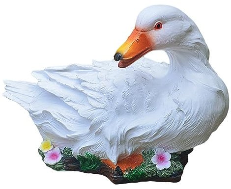 POCHY Gartenfiguren Ente aus Kunstharz Handbemalt, Außen Garten Figur aus Kunststein, Teich Dekoration Terrasse Rasen,Weiß