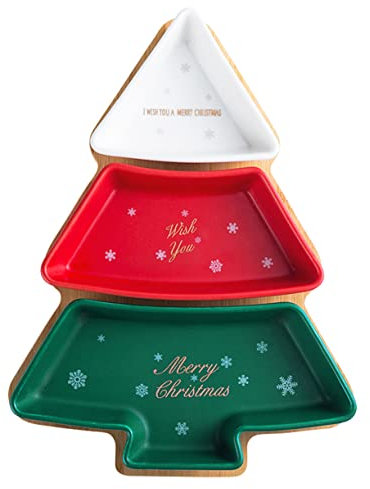 Coloridos juegos de platos grandes para árbol de Navidad, plato de cerámica de 12 pulgadas con bandeja de bambú, porcelana extraíble para árbol de Navidad, aperitivos, postres, frutas, ensalada,