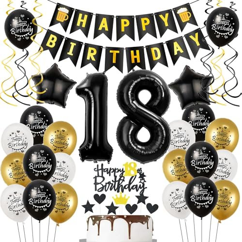 Luftballons 18. Geburtstag Schwarz Golden, Geburtstagsdeko 18 Jahre Junge mädchen, Ballon 18. Geburtstag, Folienballon Zahl 18, deko 18. geburtstag mädchen, Tortendeko 18 Junge Deko