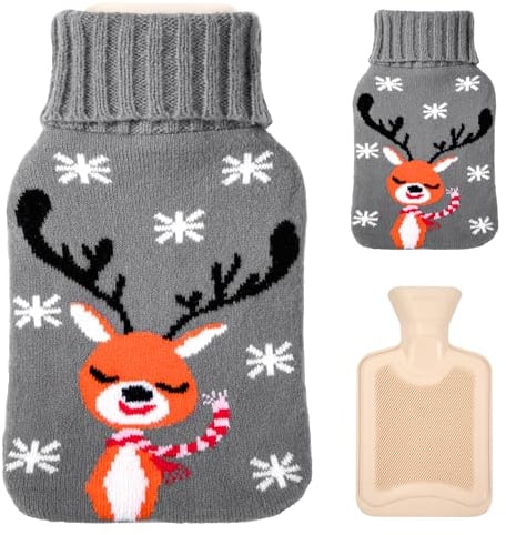 Hot Water Bottle 800ML Rubber Hot Water Bag with Snowflake Deer Pattern Knitted Cover for Hand Feet Warmer, Neck and Shoulder Pain Relief (Grey)