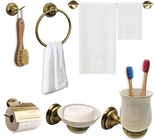 MAKA Set Accessori Bagno Moderni Portasciugamani in Acciaio e Alluminio Diversi Modelli Porta Carta Igienica Ganci Salviette Porta Spazzolini Denti Kit Installazione Incluso (Dorato)