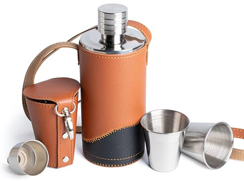 Tycoonest Flasque vintage en cuir synthétique pour homme - 500 ml - Flasque en acier inoxydable avec entonnoir et tasses - Gourde anti-fuite pour camping, golf, randonnée
