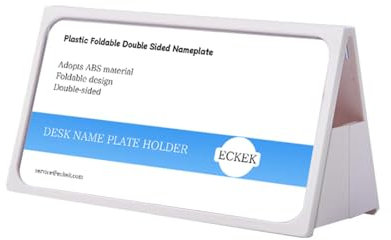 ECKEK Soporte para placa de nombre de escritorio, soporte de plástico para exhibición de mesa, placa de identificación plegable de doble cara (blanco, 200 x 100 mm)