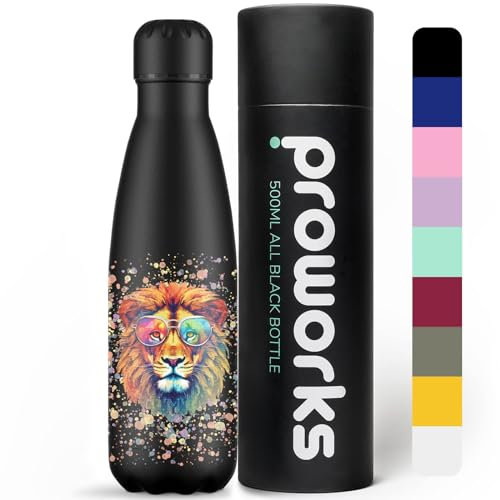 Proworks Trinkflasche aus Edelstahl | 24 Stunden kalt und 12 Stunden heiß – Vakuum-Wasserflasche – Isolierflasche für Sport, Laufen, Radfahren, Yoga und Camping – 500ml – Farbspritzer – Löwe