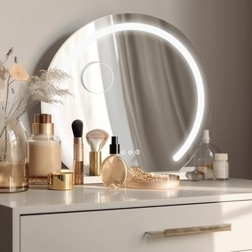 YOURLITE Miroir Maquillage Hollywood Rond D50cm avec LED pour Coiffeuse, 3 Températures de Couleur dimmable, Port de Chargement USB, Loupe 10x, Installation Murale/sur Table