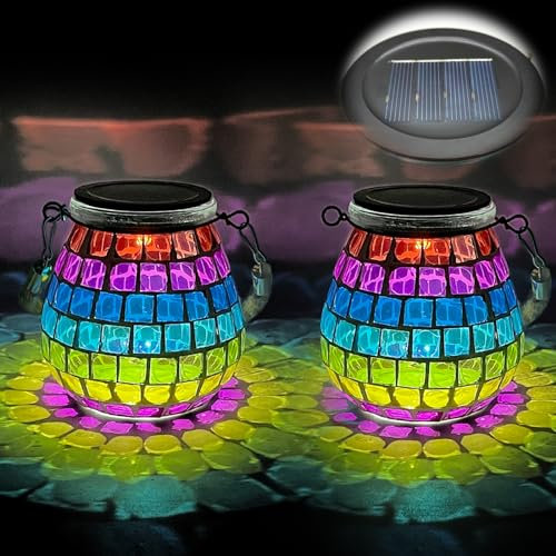 TOTHDATE 2PCS Solar Mosaik Leuchte Oval für Außen, On/Off Glas Mosaik Hängend Licht Solarlaterne Tischleuchte IP65 Wasserdicht für Rasen Pfad Hof Deck Boden Teich, Farbiges Quadrat Mosaik Licht