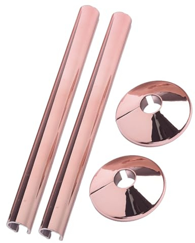 Lot de 2 cache-tuyaux et colliers de tuyau, effet chromé, 15 mm x 200 mm, pour salle de bain chromé (or rose)