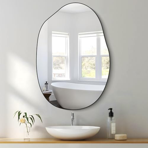 COFENY Asymmetrischer Wandspiegel, 56 x 81 cm Schwarz badspiegel mit Holzsockel für Wanddekoration, Wohnzimmer, Schlafzim mer, Badezimmer