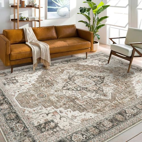 Roxstand Waschbare Teppiche für Wohnzimmer, Schlafzimmer, Büro, ultradünn, rutschfeste Unterseite, superweich, Vintage-Teppich, Heimdekoration, Bauernhaus-Teppich, 20,3 x 25,4 cm, Braun/Beige, 20,3 x