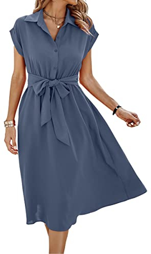 ASOMI Sommerkleid Damen Hemdkleid Kurzarm: Elegant Kurzarm Strandkleid Büro Wickelkleid Mode Tasche Hemdblusenkleid Lässig Blusenkleid Midikleid Knopf Plisseekleid V-Ausschnitt Gürtel A-Graublau XL