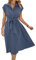 ASOMI Sommerkleid Damen Hemdkleid Kurzarm: Elegant Kurzarm Strandkleid Büro Wickelkleid Mode Tasche Hemdblusenkleid Lässig Blusenkleid Midikleid Knopf Plisseekleid V-Ausschnitt Gürtel A-Graublau XL