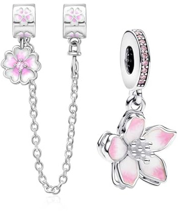NUNUYAYA Damen Charm Anhänger Armband 925 Sterling Silber Cherry Blossom Dangle Safey Chain Dangle Charms Beads passend Armband Halskette,Anhänger Europäischen Armbänder Frauen Mädchen 2-Stück/Paket
